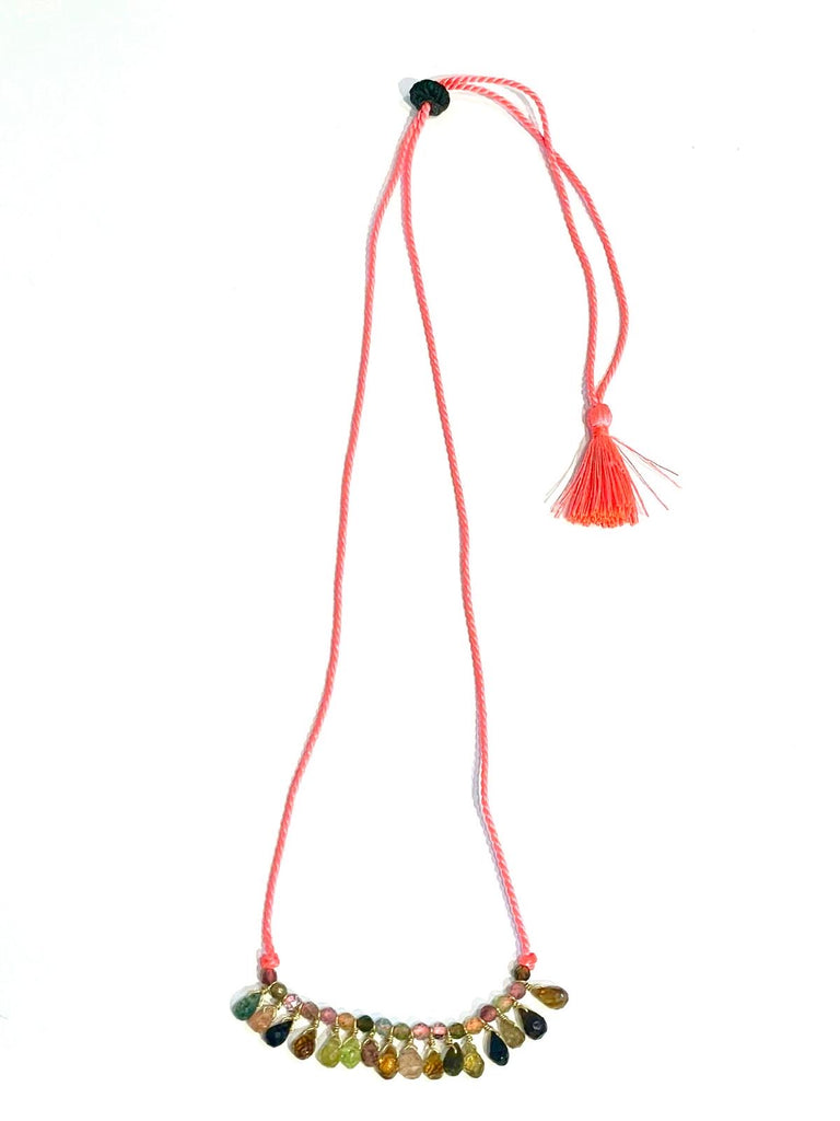 Collier coton tressé ajustable tourmalines / turquoise