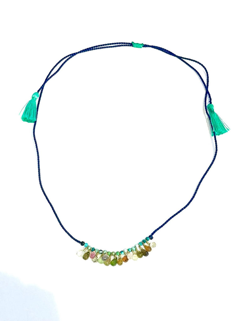 Collier coton tressé ajustable tourmalines / turquoise
