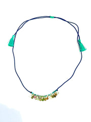 Collier coton tressé ajustable tourmalines / turquoise
