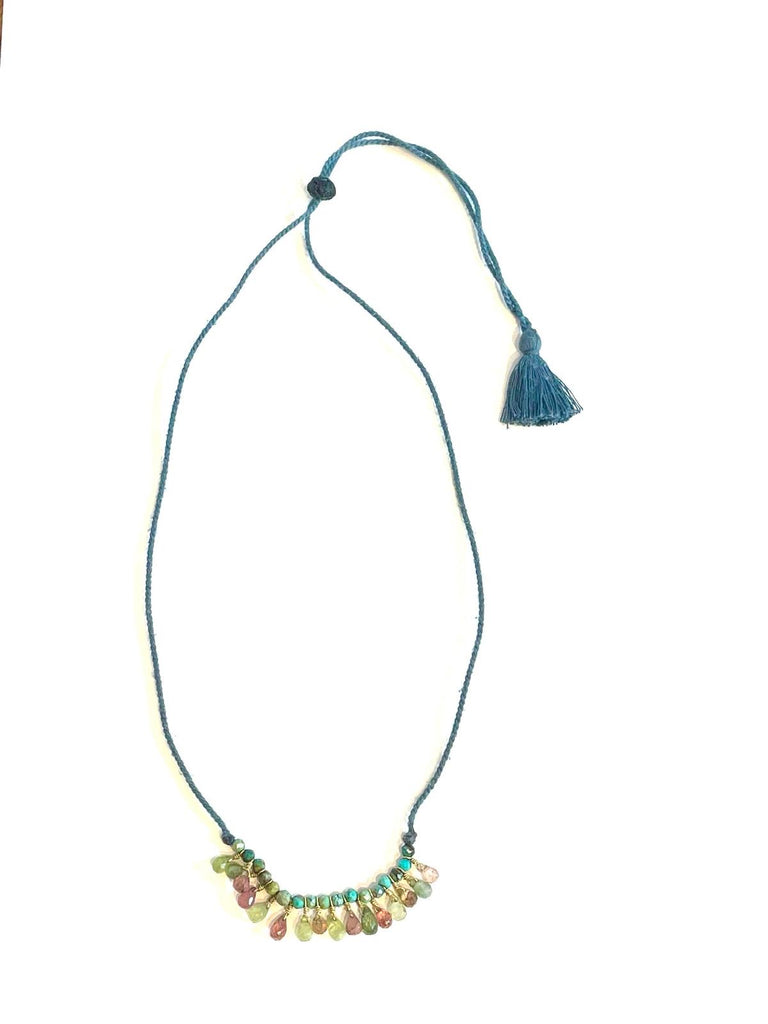 Collier coton tressé ajustable tourmalines / turquoise
