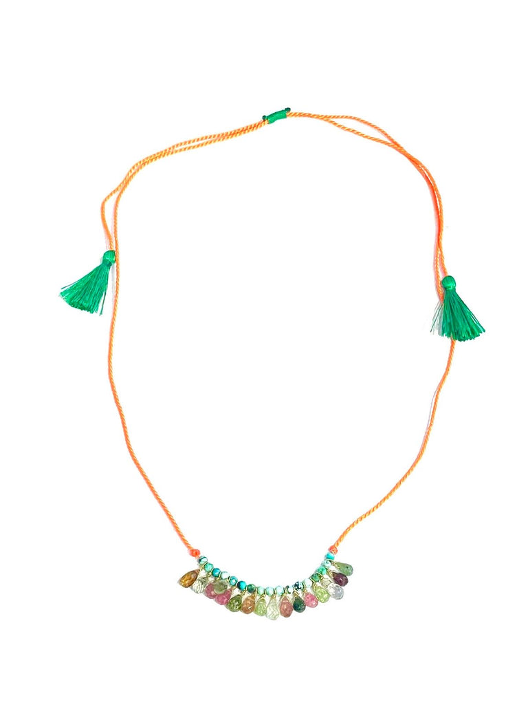 Collier coton tressé ajustable tourmalines / turquoise