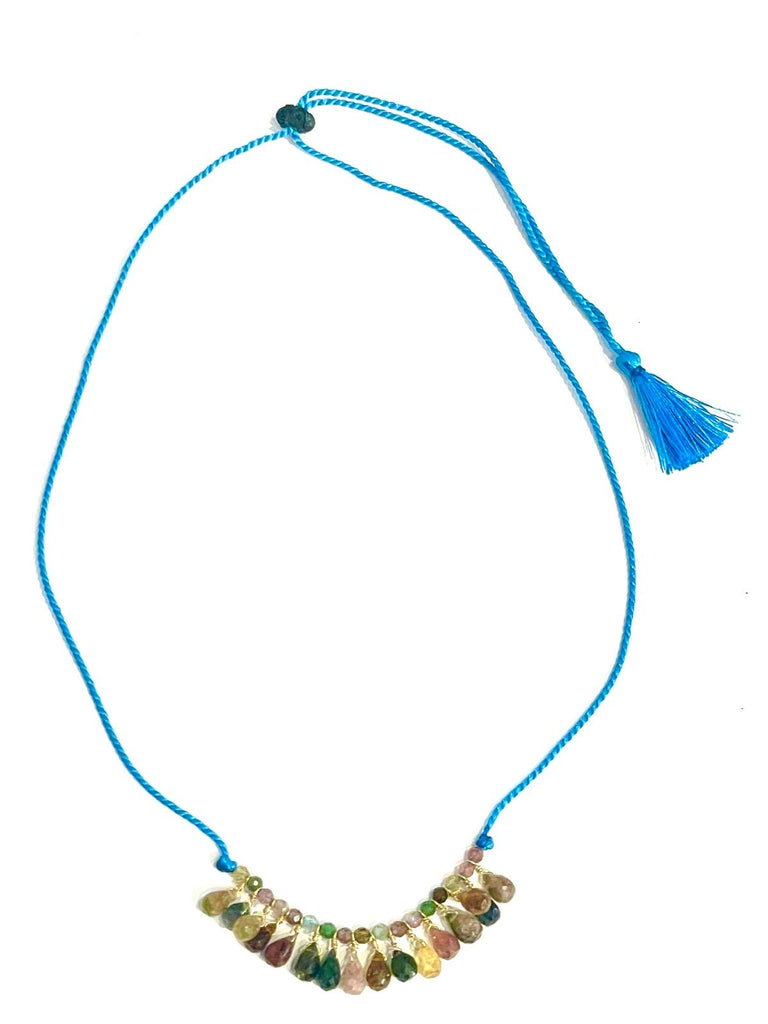 Collier coton tressé ajustable tourmalines / turquoise