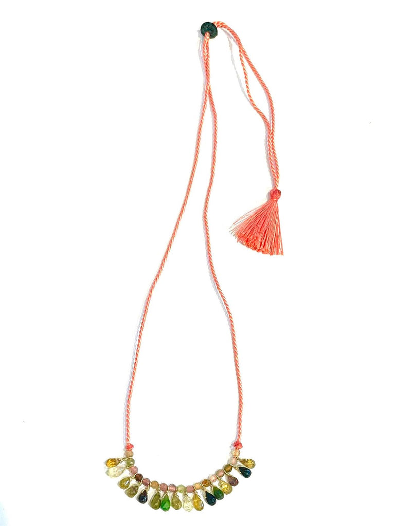 Collier coton tressé ajustable tourmalines / turquoise