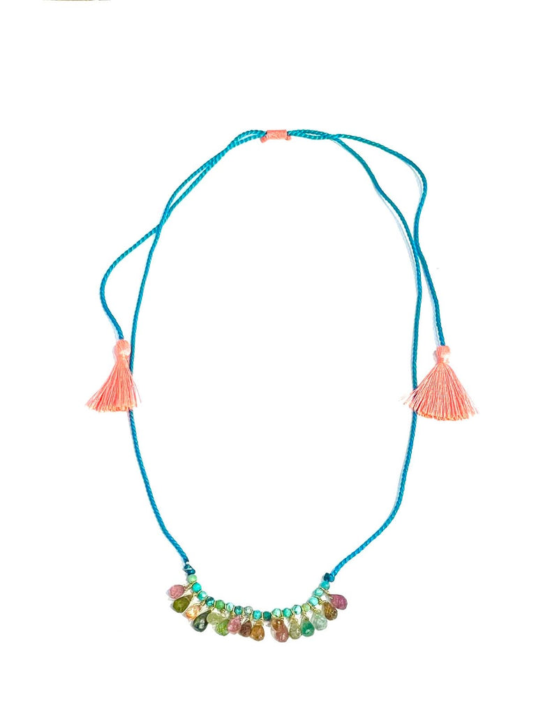 Collier coton tressé ajustable tourmalines / turquoise
