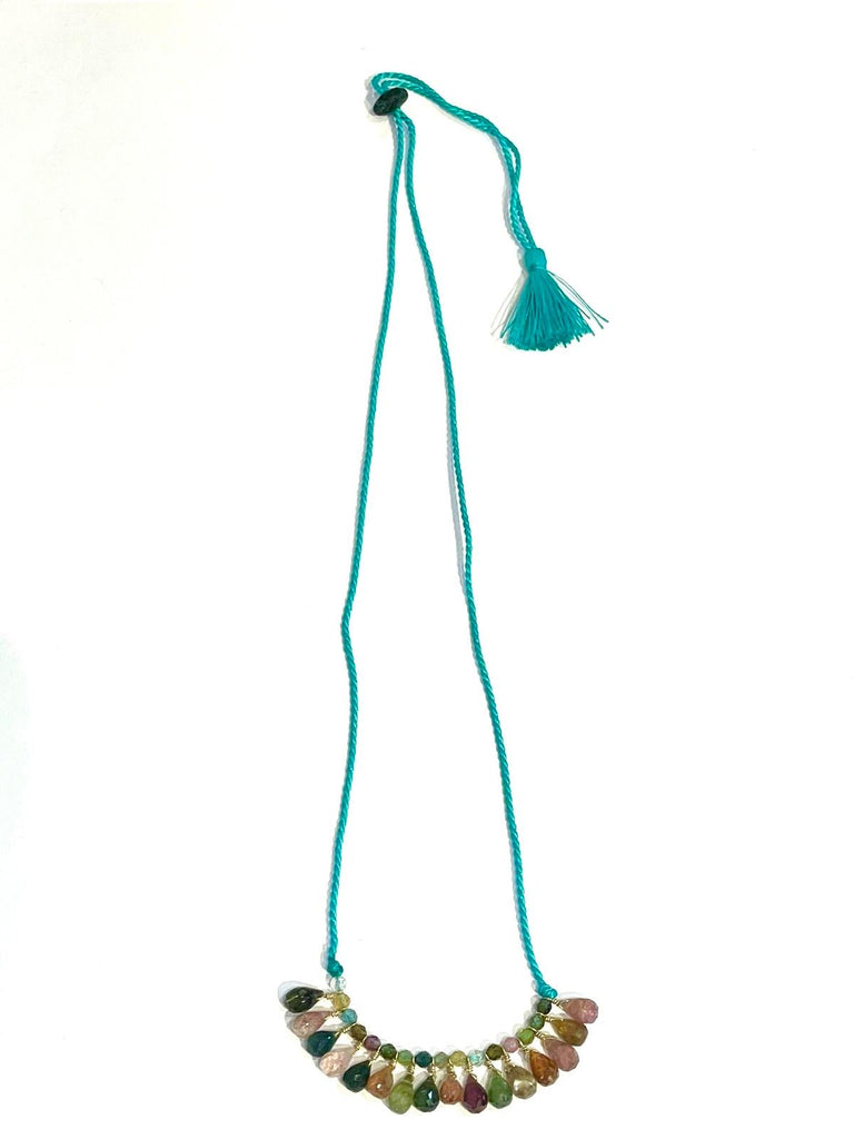 Collier coton tressé ajustable tourmalines / turquoise