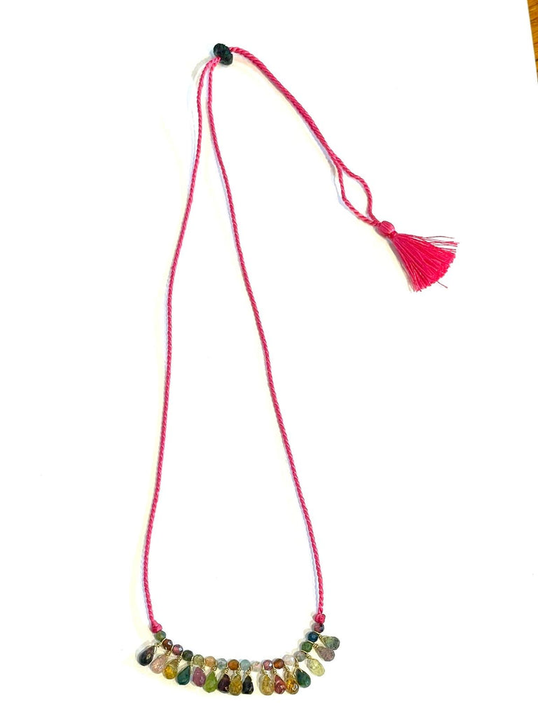 Collier coton tressé ajustable tourmalines / turquoise