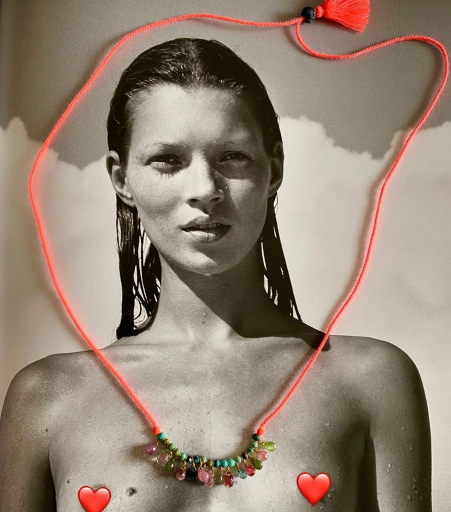 Collier coton tressé ajustable tourmalines / turquoise