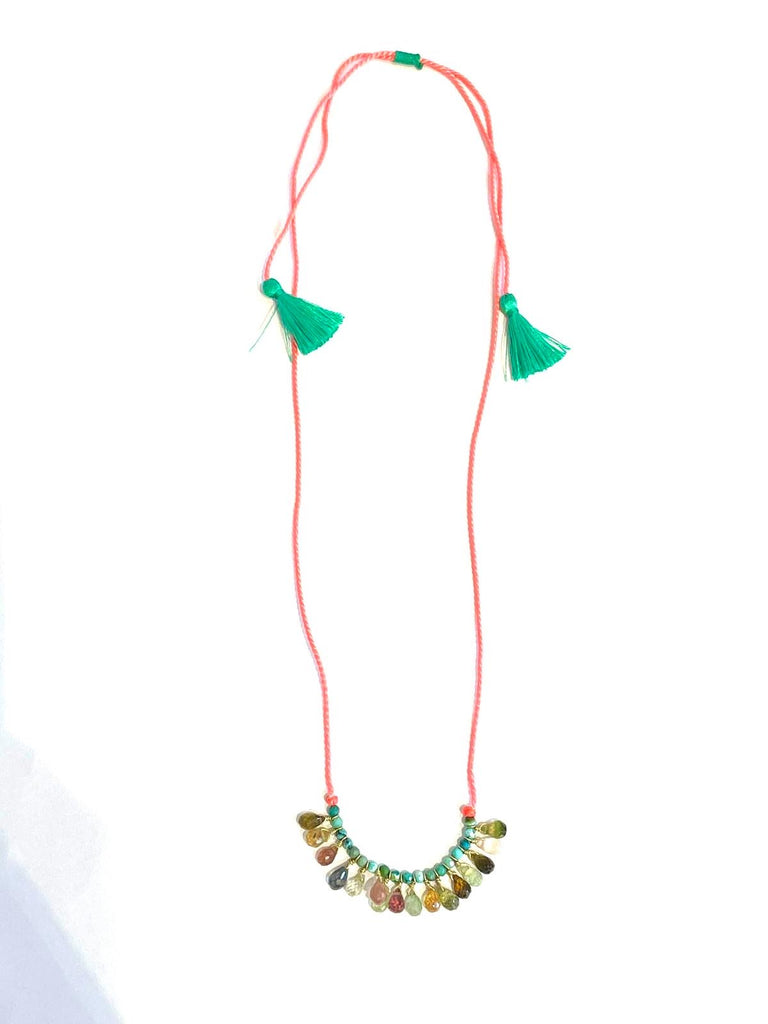 Collier coton tressé ajustable tourmalines / turquoise