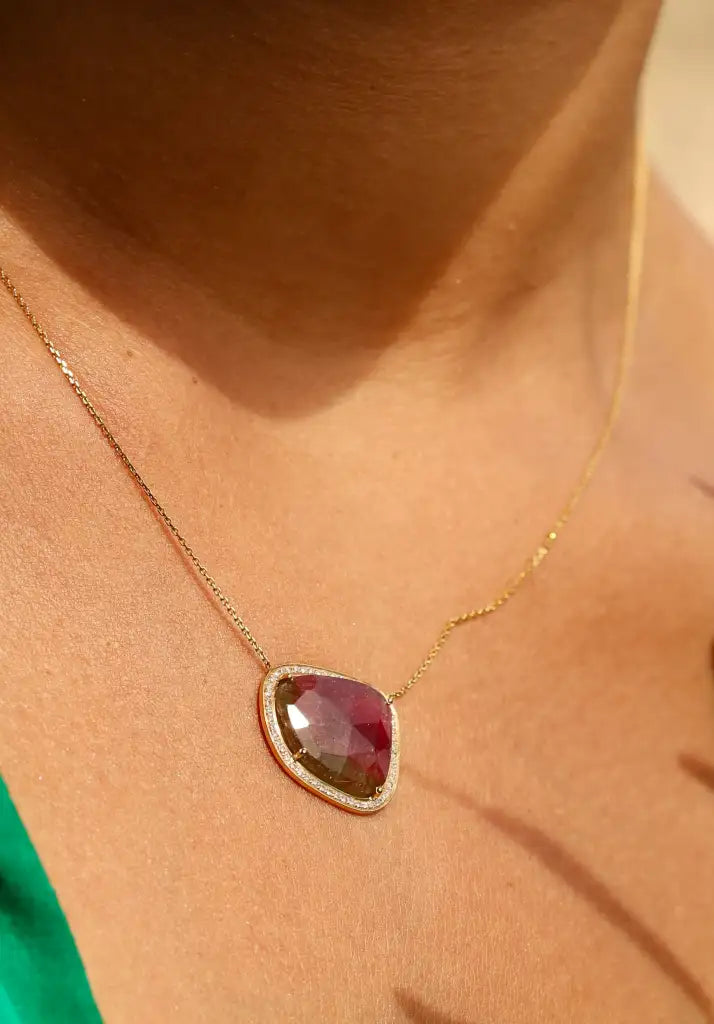 Collier tourmaline watermelon sertie or jaune - Vingt et un
