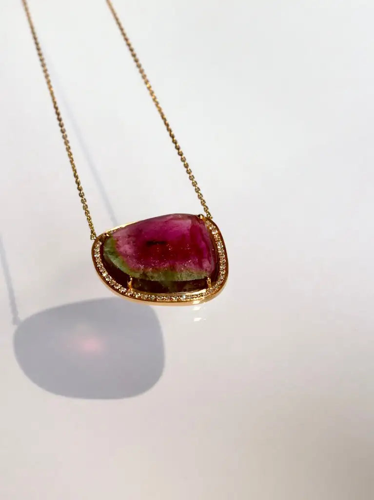 Collier tourmaline watermelon sertie or jaune - Vingt et un