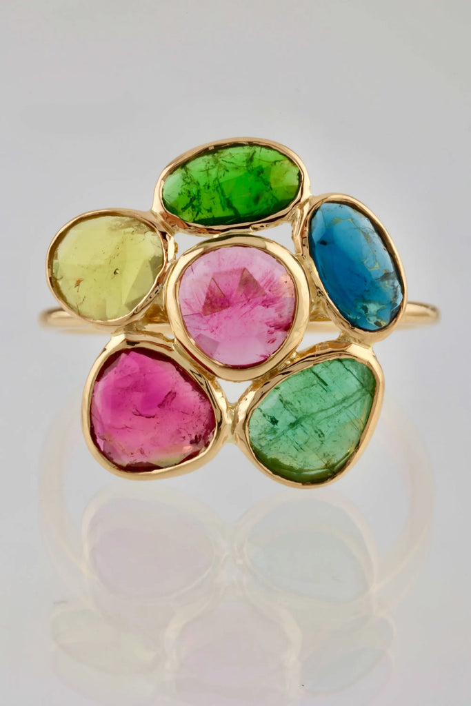Bague fleur tourmalines or jaune - Vingt et un grammes