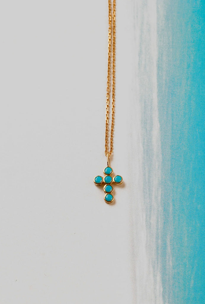 Collier croix turquoises or jaune - Vingt et un grammes